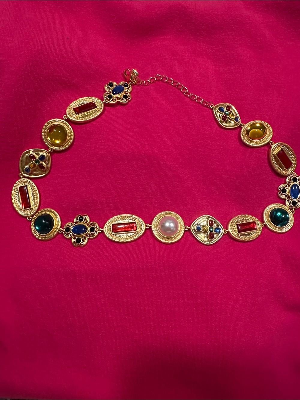 Gold-Tone Multi-Stone Women's Necklace with Red, Blue, Green and Pearl Accents.